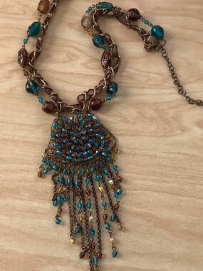 Artisan Turquoise and Amber Beaded Fringe Necklace